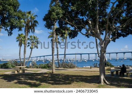The San Diego-Coronado bridge, Palm trees in the foreground, view from Coronado Tidelands Park, CA, USA Royalty-Free Stock Photo #2406733045