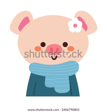 hand drawing cartoon pig wearing blue scarf and flower pin. cute animal sticker