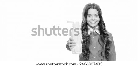 Happy girl give yellow plastic bottle. Hydration fluid. Get hydration from the diet. Horizontal poster of isolated child face, banner header, copy space. Royalty-Free Stock Photo #2406807433