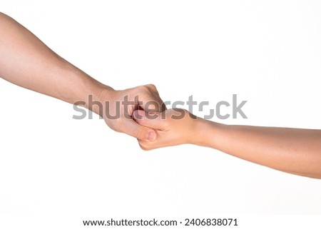 Two hands hold tightly together in different pose on isolated white background Royalty-Free Stock Photo #2406838071