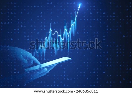 Close up of male hand holding mobile phone with growing forex chart with bright upward arrow on blurry pixel background. Success, financial growth and trade concept
