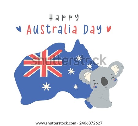 Happy Australia day koala with map cartoon baby animal with flag hand drawn Aussie charm, perfect for Australia Day festivities Nation Day. Royalty-Free Stock Photo #2406872627