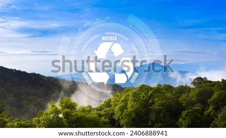 Reduce, reuse, recycle symbol on forest background, Ecological concept. Ecology. Recycle and Zero waste symbol in the untouched jungle for Sustainable environment. Royalty-Free Stock Photo #2406888941