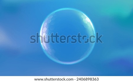 Protect sphere. Light shield skin with UV barrier effect. 3D sun hexagon force field or medical care layer. Shiny circle dome in sky. Sparkling transparent balloon. Vector background Royalty-Free Stock Photo #2406898363