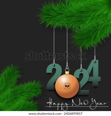 Happy New Year. Numbers 2024 and ping-pong ball as a Christmas decorations hanging on a Christmas tree branch. Design pattern for greeting card, banner, poster, flyer, invitation. Vector illustration