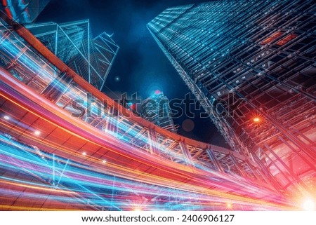 Beautiful light trials effect on Hong Kong skyscape at night Royalty-Free Stock Photo #2406906127