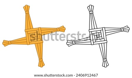 Saint Brigid's cross, Imbolc celebration tradition in Ireland. Handmade straw knot decoration. Vector illustration. Color and black and white outline drawing.