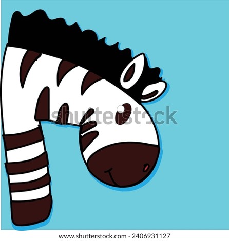 Hand drawn vector illustration of cute funny zebra, animal isolated,  flat design, concept for children print, side view of cute zebra against blue background