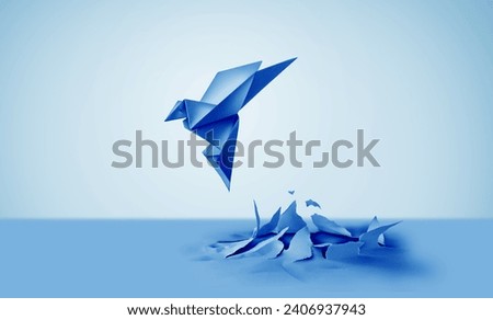 Business Success Inspiration and motivation concept as a birth or rebirth with a blue paper origami bird emerging as a symbol of creativity and metamorphosis and an icon of change and transformation. Royalty-Free Stock Photo #2406937943