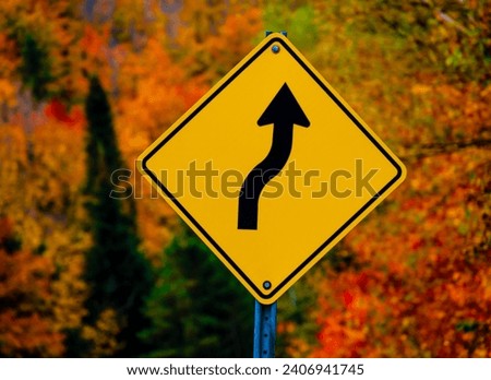 Close-up of a yellow road sign in autumn with a blurred forest in the background.