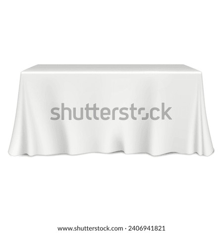 Table covered with white blank tablecloth realistic vector mock-up. Mockup template for design Royalty-Free Stock Photo #2406941821