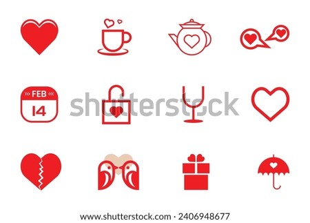 Valentines day icon set. heart, romantic and love symbols. isolated vector images in flat style design Template.