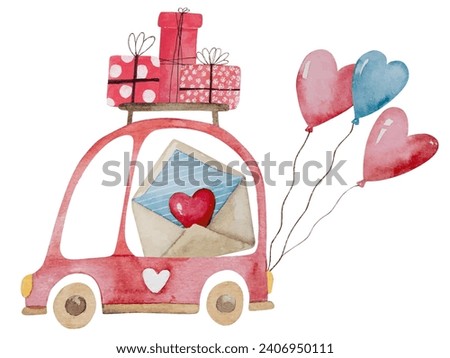 Hand-Drawn Watercolor Illustration Clipart Themed On February 14, Featuring A Car With Gifts And Balloons For Valentine'S Day, And A House On Wheels With Presents