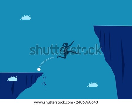 Work incorrectly. Businesswoman unsuccessfully jumps over cliff  Royalty-Free Stock Photo #2406960643