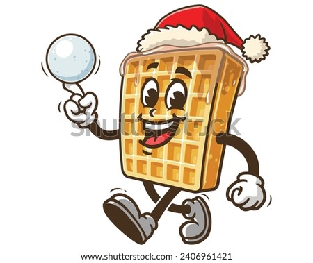 Waffle playing snowballs and wearing Christmas hats cartoon mascot illustration character vector clip art