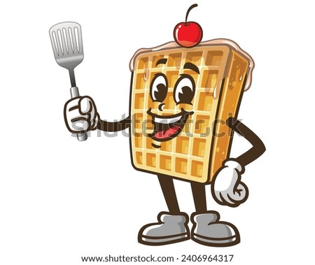 Waffle with spatula cartoon mascot illustration character vector clip art
