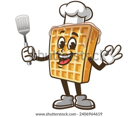 Waffle with a spatula and wearing a chef's hat cartoon mascot illustration character vector clip art
