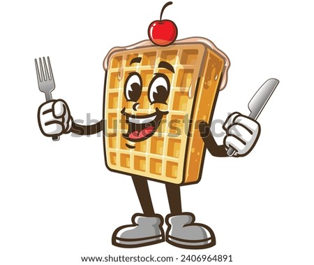 Waffle with fork and knife cartoon mascot illustration character vector clip art