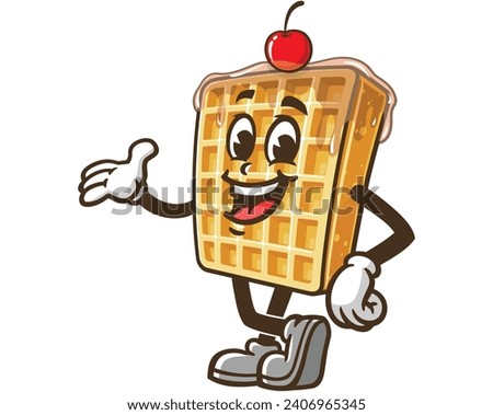 Waffle with welcoming hand cartoon mascot illustration character vector clip art