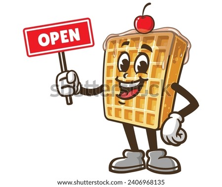 Waffle with open sign board cartoon mascot illustration character vector clip art