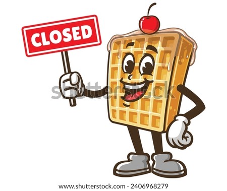 Waffle with closed sign board cartoon mascot illustration character vector clip art