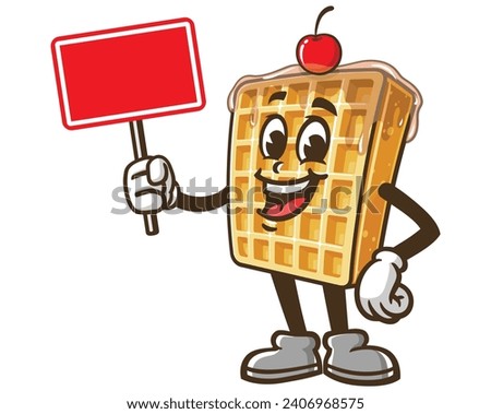 Waffle with blank sign board cartoon mascot illustration character vector clip art