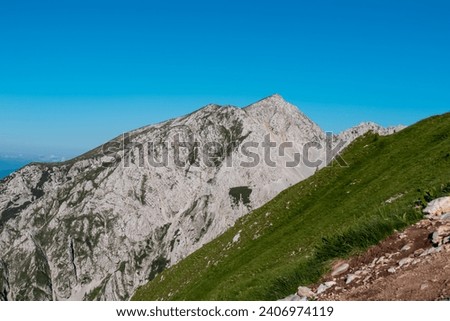 Scenic view of majestic mountain peak Hochstuhl (Stol) in untamed Karawanks, border Slovenia Austria. Looking through lush forest. Hiking wanderlust in wilderness of Slovenian Alps in summer Royalty-Free Stock Photo #2406974119