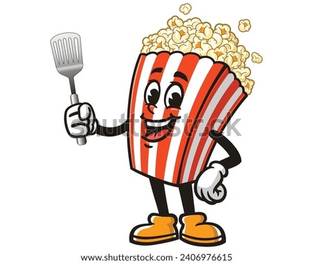 Popcorn with spatula cartoon mascot illustration character vector hand drawn clip art