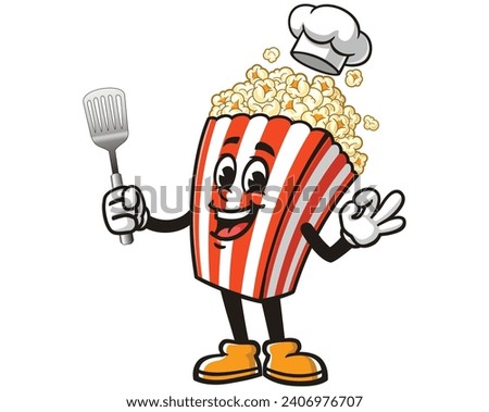 Popcorn with spatula and wearing chef's hat cartoon mascot illustration character vector hand drawn clip art