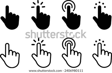 Computer mouse click cursor black line and flat arrow and hand icons set. Mouse pointer modern, simple, waiting or loading vector collection isolated on transparent background for apps and websites