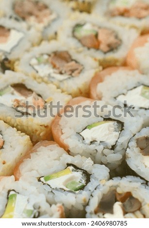 Close-up of a lot of sushi rolls with different fillings lie on a wooden surface. Macro shot of cooked classic Japanese food with a copy space.