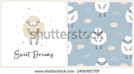 Set of cartoon cute lamb and seamless pattern. Cartoon animal background. Sweet dreams, cloud and dots. For wrapping paper, fabric, textile, wallpaper, card, print. Vector illustration Royalty-Free Stock Photo #2406985709