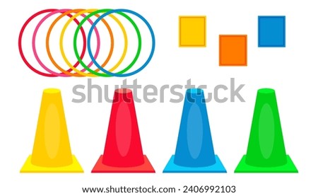 Plastic colorful sports cones with hoops and bags for activity game. Throw rings game. Fun active game cartoon vector illustration isolated on white background. Activity floor game. Royalty-Free Stock Photo #2406992103