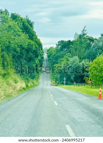 Driving uphill on the straight asphalt road surrounded by big trees. Royalty-Free Stock Photo #2406995217