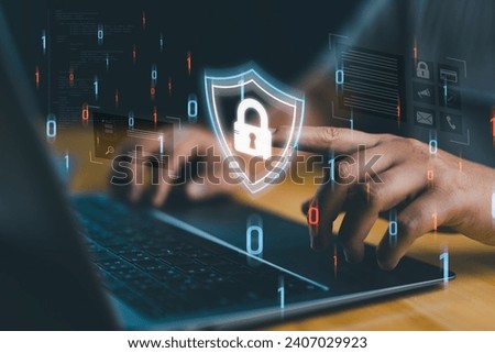 User privacy security and encryption, Technology Cybersecurity internet network concept, secure internet access Future technology and cybernetics, internet security, screen with padlock, antivirus Royalty-Free Stock Photo #2407029923