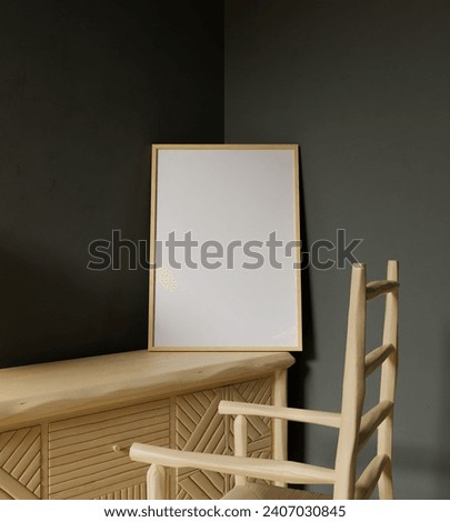 50x70 frame mockup photo poster in corner of the room on the wooden table. wall in modern interior background