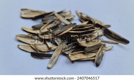 A collection of peeled sunflower seed shells, isolated on white background.