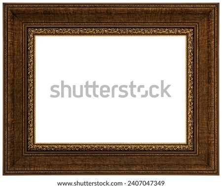 Antique Gold Brown Classic Old Vintage Wooden Rectangle mockup canvas frame isolated on white. Blank and diverse subject molding baguette. Design element. use for paint, mirror or photo