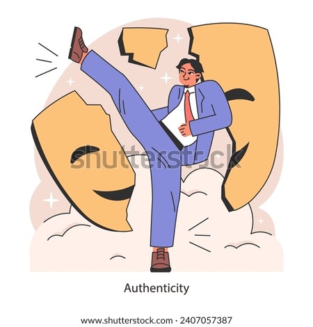Authenticity, personality and self-expression. Mindfulness, self acceptance and well-being. Authentic self-realization. Man breaking a mask. Flat vector illustration Royalty-Free Stock Photo #2407057387