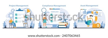 Management and Support set. Project checkpoints, compliance adherence, and financial asset oversight in business operations. Strategy execution and regulatory alignment depicted. vector illustration. Royalty-Free Stock Photo #2407063465