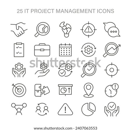 IT Project Management set. Comprehensive icons for teamwork, strategy, and planning. Essential elements for successful execution and goal achievement. Flat vector illustration. Royalty-Free Stock Photo #2407063553