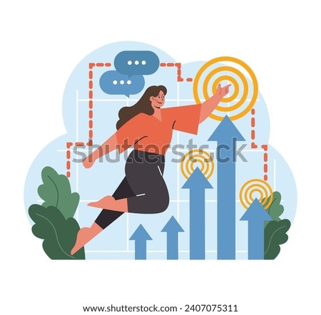 Elevated aspirations concept. Woman soaring towards targets, navigating upward trajectories. Unlocking potential, embracing growth. Flat vector illustration. Royalty-Free Stock Photo #2407075311