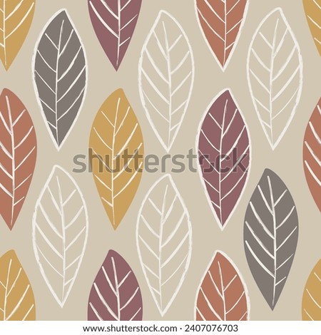 Vertical seamless pattern of simple line contour stylized leaves. Modern pattern in earthy colors on a light gray background. Geometric repeat print for wallpaper, home textile, curtains, fabric.