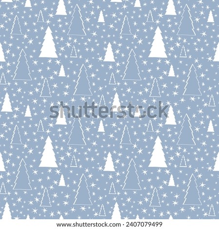 Hand drawn seamless with white winter trees and snowflakes on pale blue background. Can be used as all-over print for pajamas, fabrics, wallpapers, diaries, school exercise books, wrapping, decoration