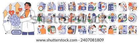 Healthcare Technology set. Advancements in medical digitalization and patient care. Breakthroughs in AI, robotics, telemedicine. Flat vector illustration. Royalty-Free Stock Photo #2407081809