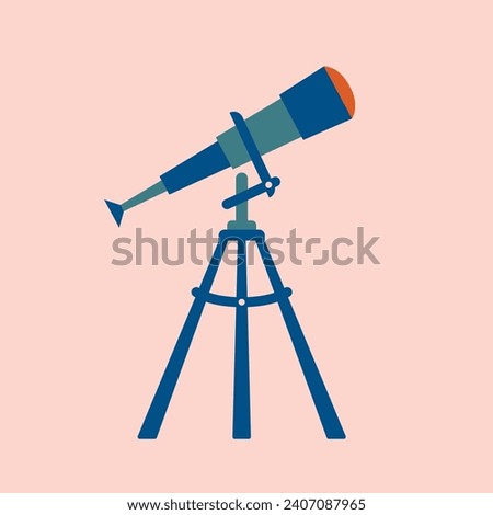 Cute vector illustration with telescope. Clip art about summer adventures. For sticker, card, banner, icon, badge. Device, equipment for discovering, exploration, learning stars, planets, sky.