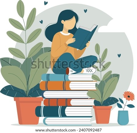 illustration of a girl reading book on stack of books