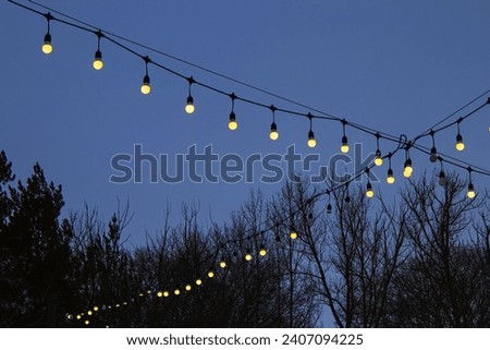 Evening outside photo. Grey sky. Illumination in the park. Lighters. Electric bulbs