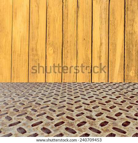 wooden wall and metal floor - room design grunge brown metallic