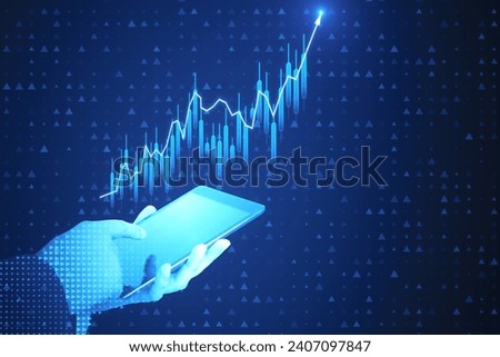 Close up of male hand holding cellphone with growing forex chart with bright upward arrow on blurry pixel background. Success, financial growth and trade concept